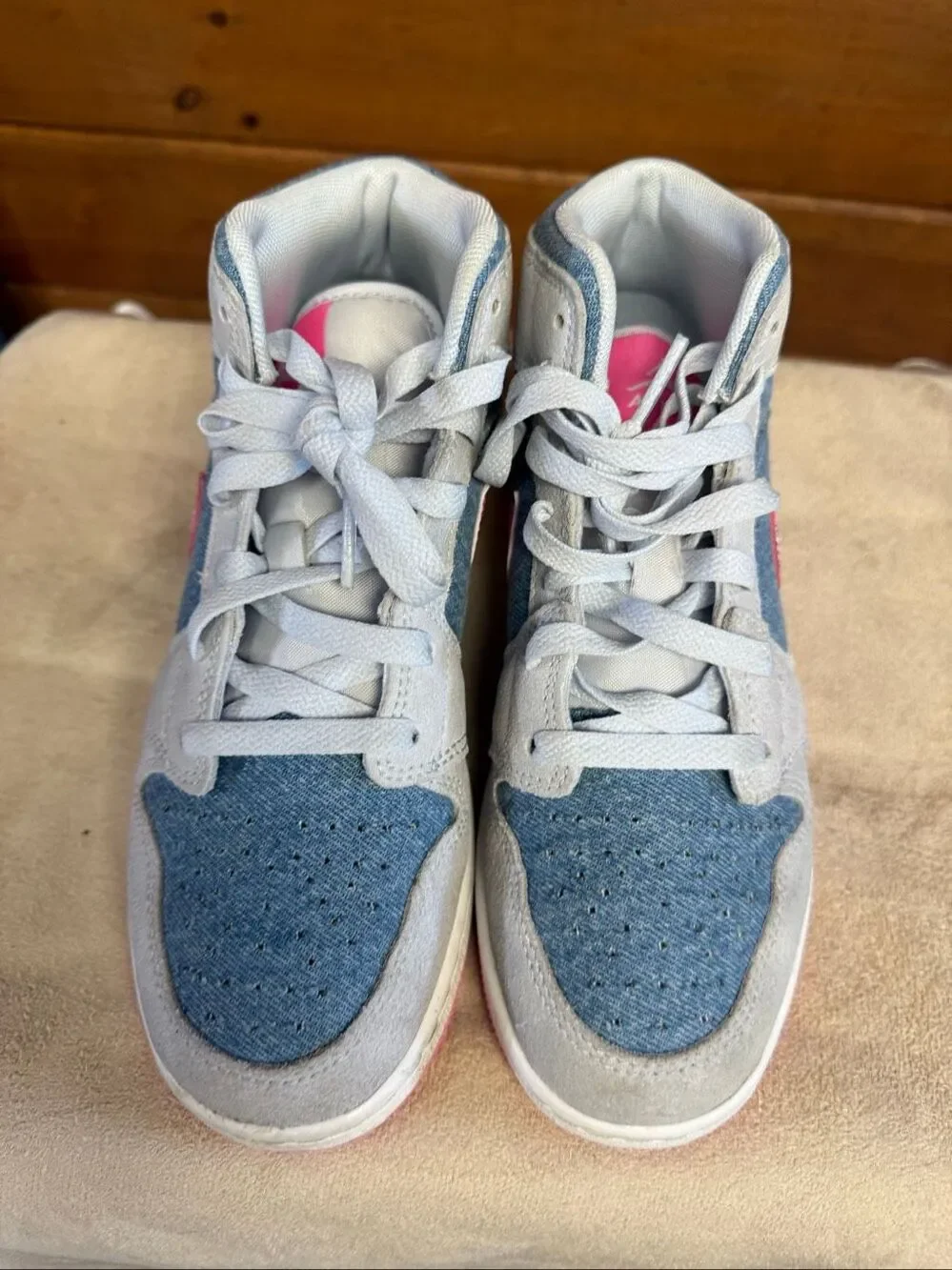 Nike Air Jordan 1 Mid SE shoes Cobalt Bliss/Pink Glow denim/ suede Sz 5 Youth HQ